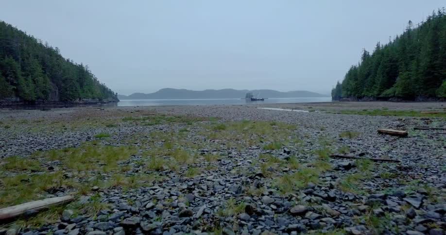 A rocky shore at the edge of a bay