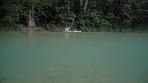 Canoes float on the water near a forest