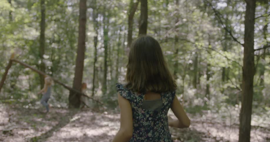 Several young girls running and hiding playfully in a wooded area