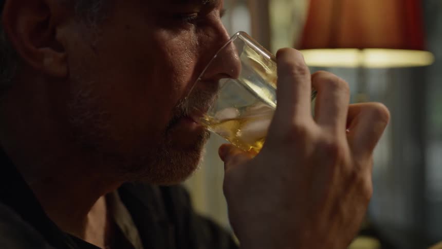 Man wearing a hat drinks from a glass