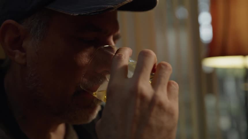 Man sips from a glass of whiskey
