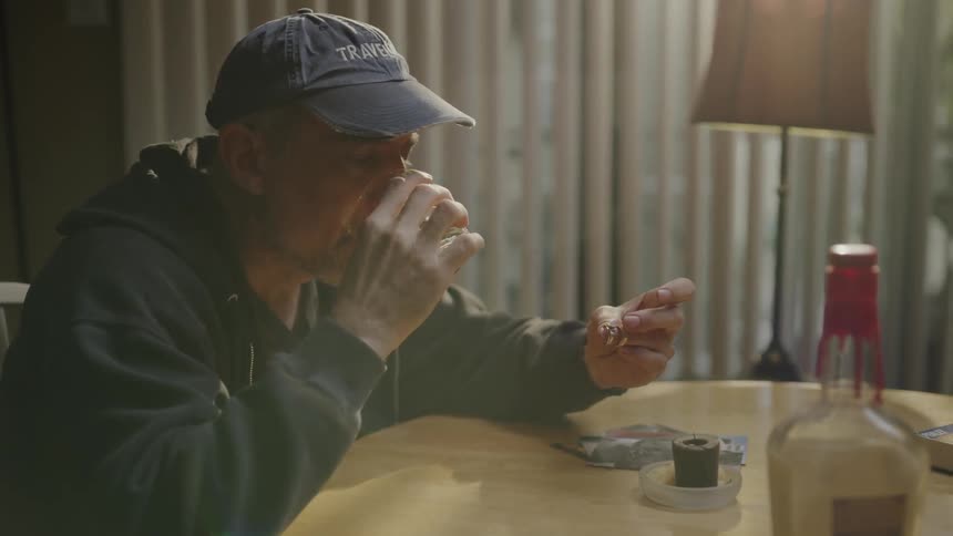 A man takes a drink of alcohol at the table
