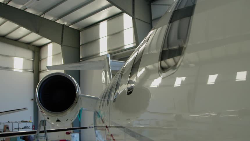 Airplane in a large airplane garage