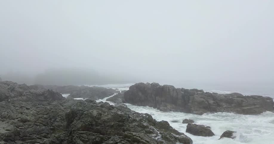 Waves are crashing against the rocks on a coast on a foggy day