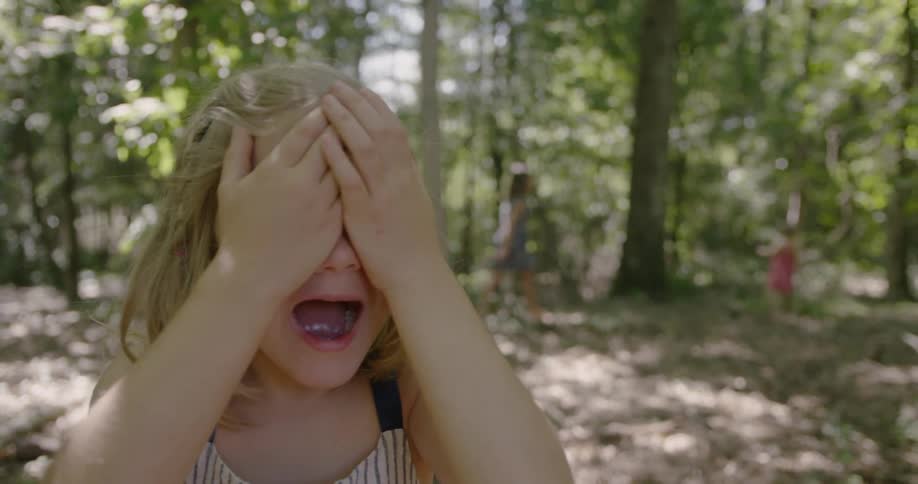 Children playing hide and seek in the woods on a sunny day