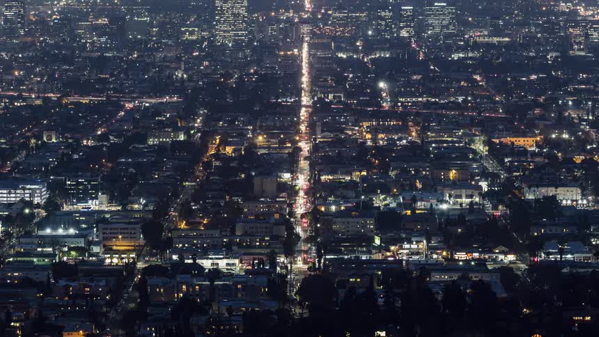 Lights shining in a large city at night