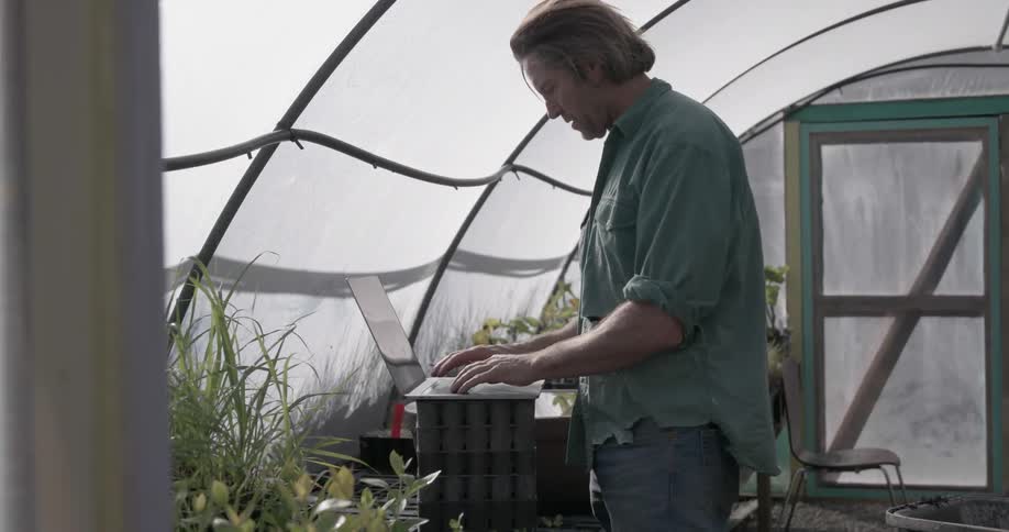 Man works on a laptop as he stands in a greenhouse