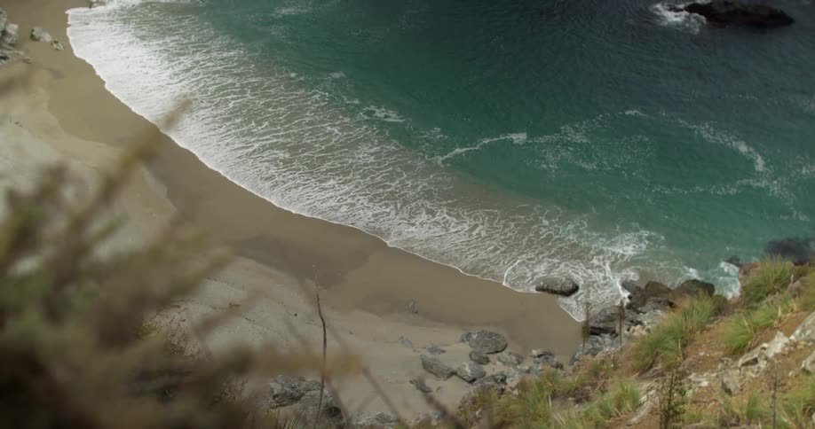 Overhead view of a beach on a bright day