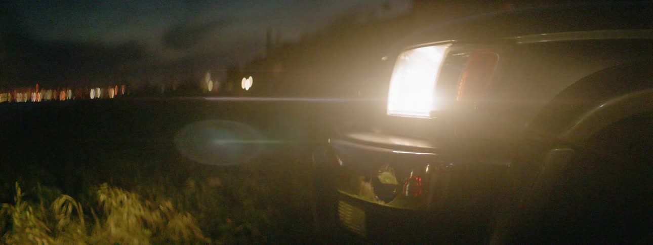 A truck headlight shines on the grass at night