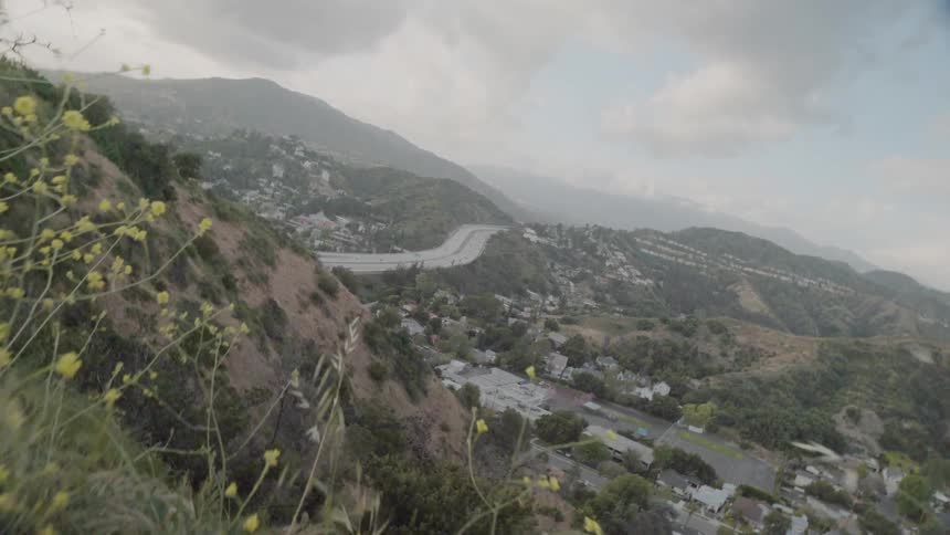 Weeds and brush cover the hills in an urban valley on a cloudy day