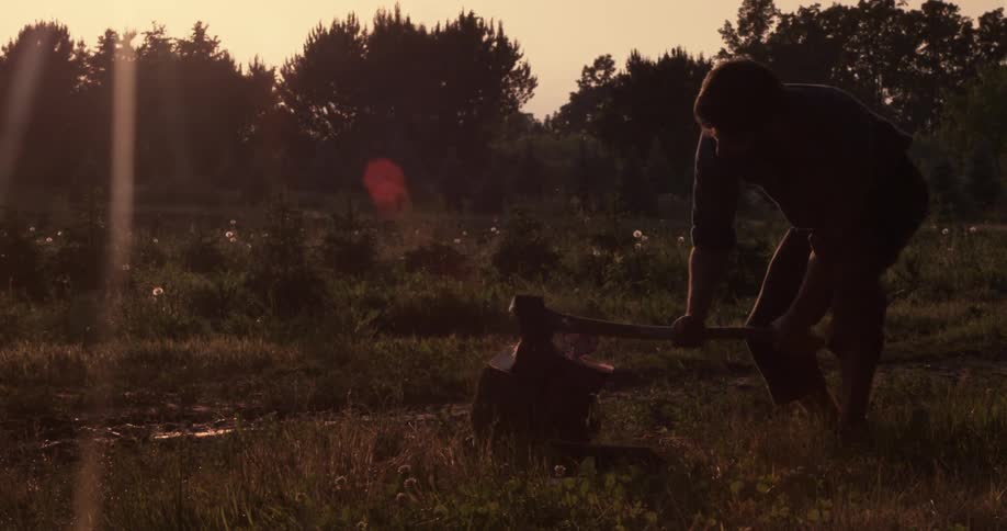 A man is chopping wood with an axe
