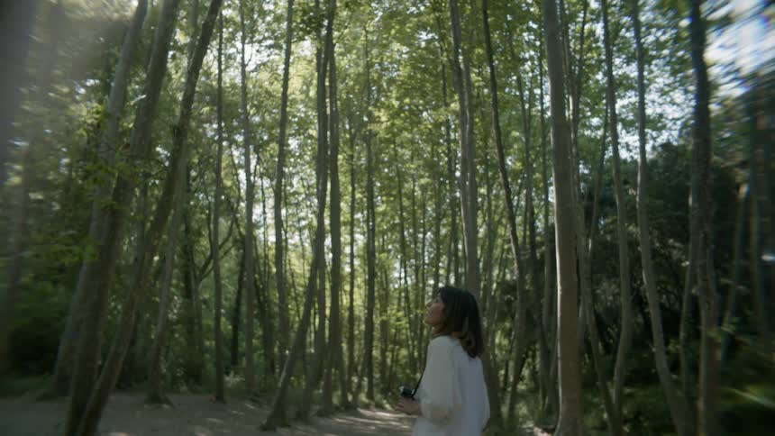 A woman is stopping to take a photograph as she walks in a forest in daylight