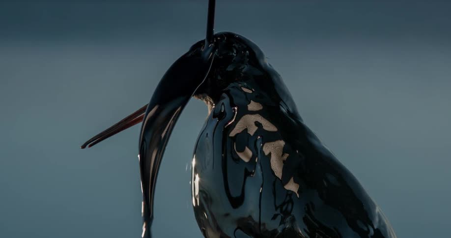Oil splashes down on a shape that looks like a bird