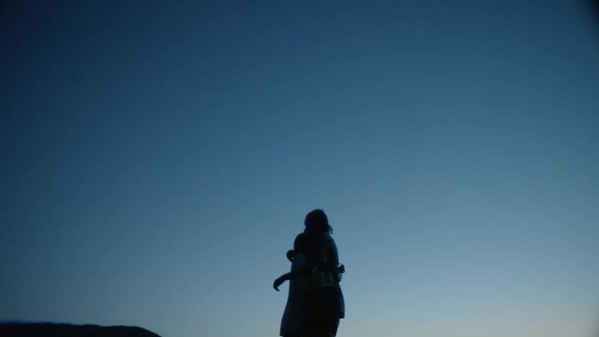 A couple are embracing as they stand outside in a natural setting at dusk