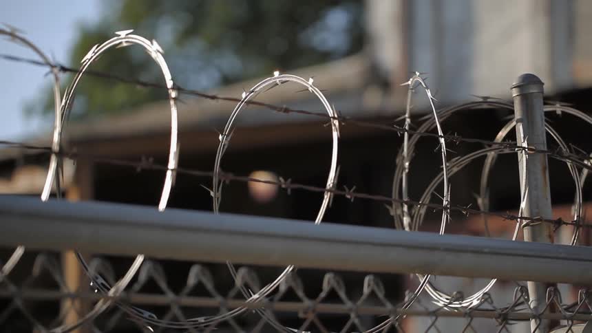 Barbed wire curls across the top of a chain link fence