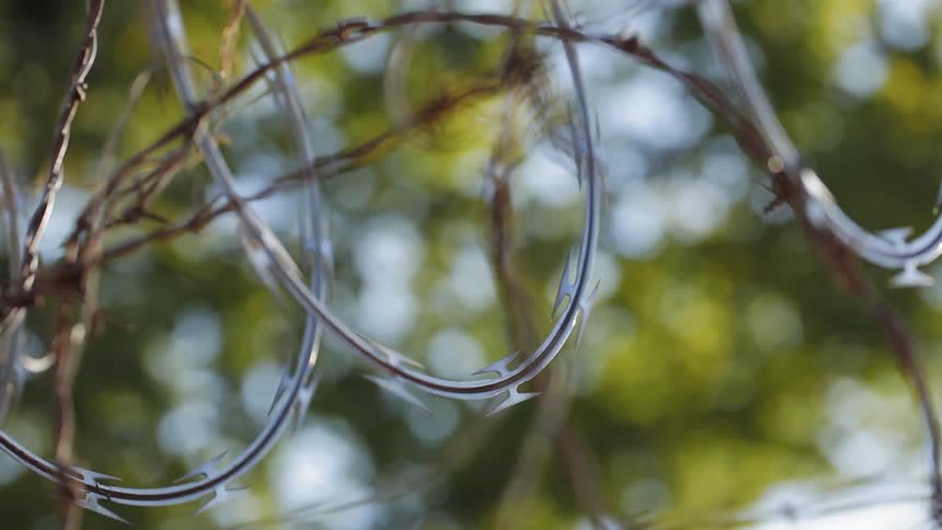 The sign shines on the barbwire
