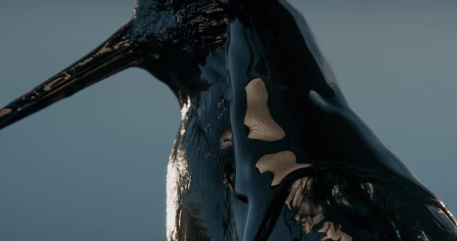 Dark liquid slides down a statue of a bird