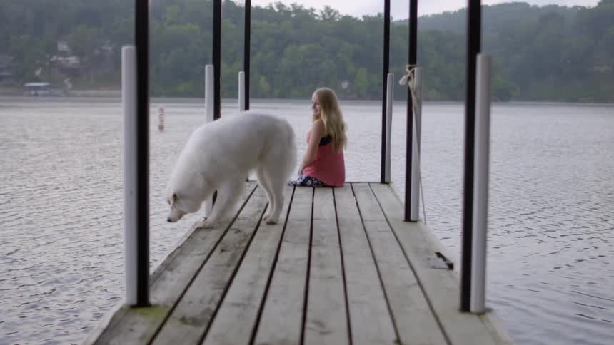 Girl and her dog are on a pier on a cloudy day