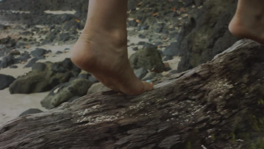 A woman walks barefoot on a fallen tree