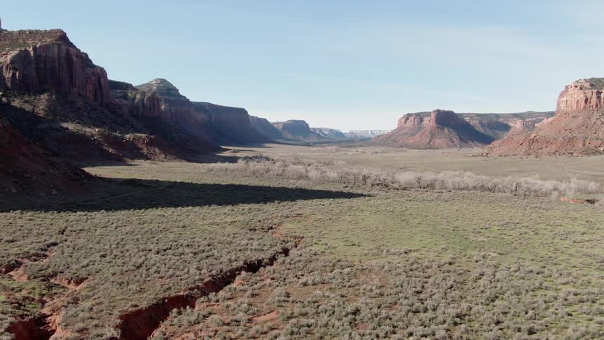 The field before the mountains is covered with green