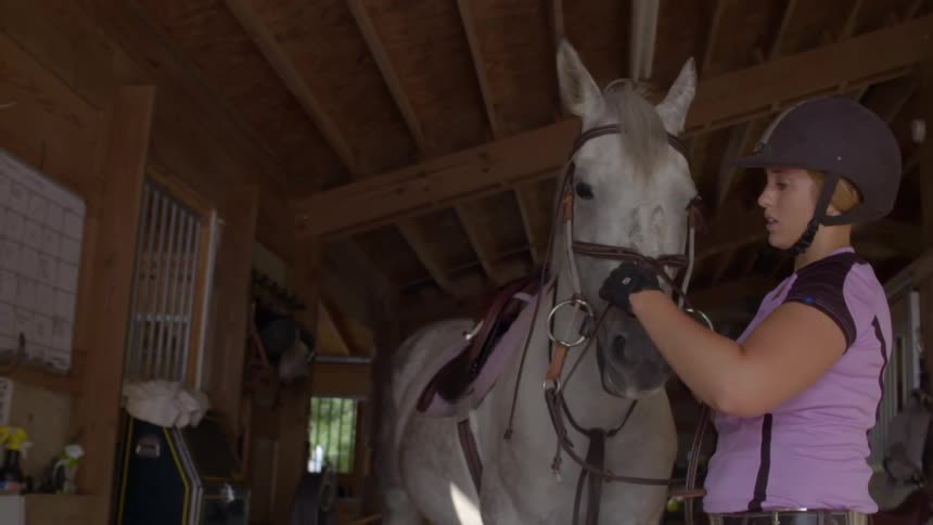 Woman tightening the harness on her horse
