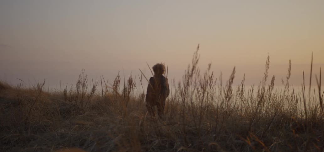 Boy walks through tall grass at sunset