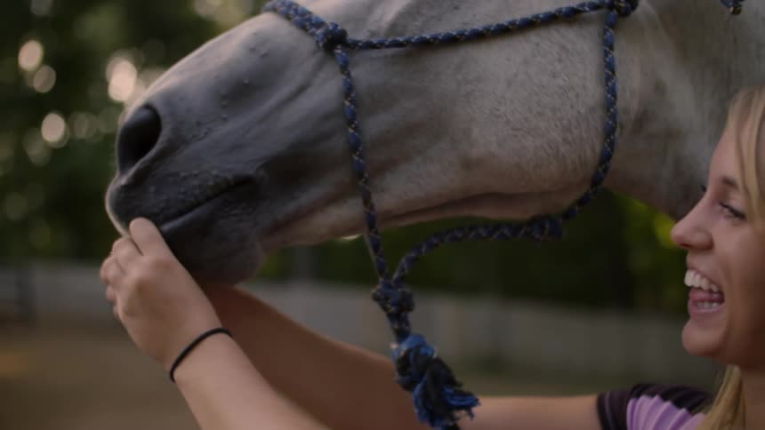 Woman feeding a horse outside