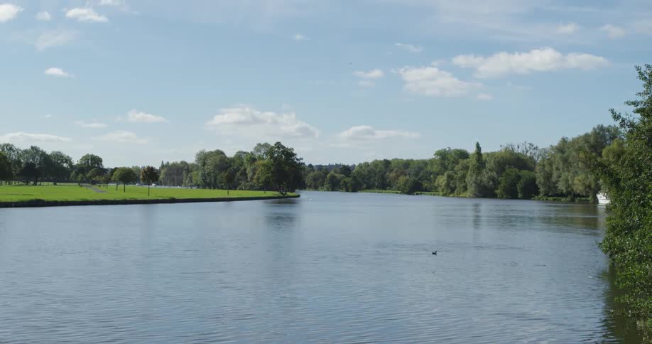 The lake is calm near the green field