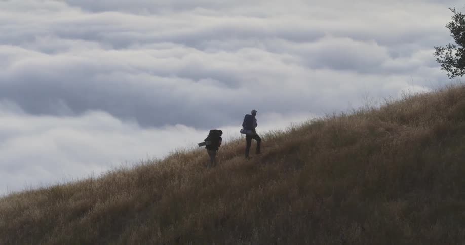Two men climbing a grassy hill pause to look around