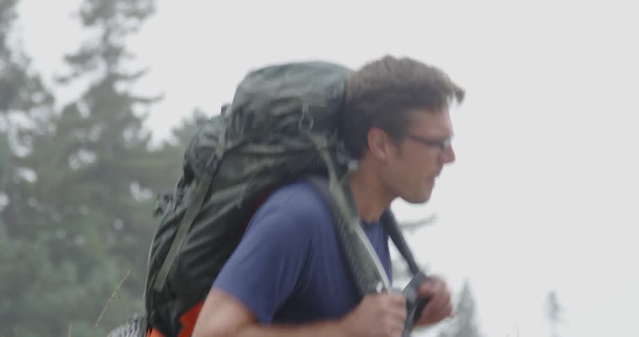 A man hikes in a forest