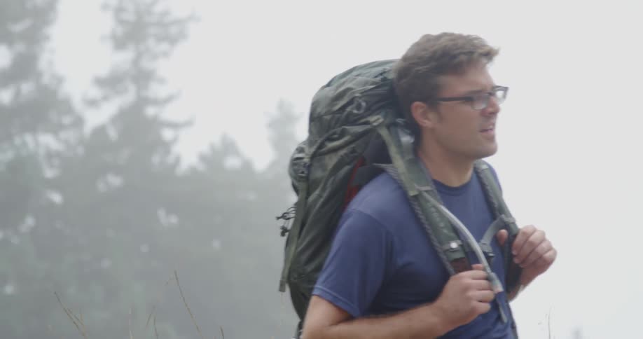 A man hikes in a forest