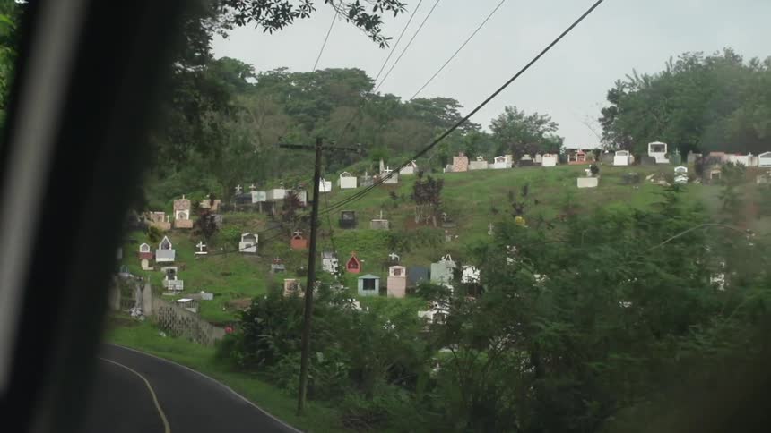 Driving past a cemetery on a tree lined road