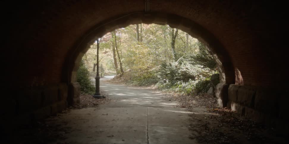 Sunlight is shining into a tunnel in a park during the day