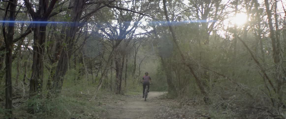 Woman rides a bicycle on a path through the forest