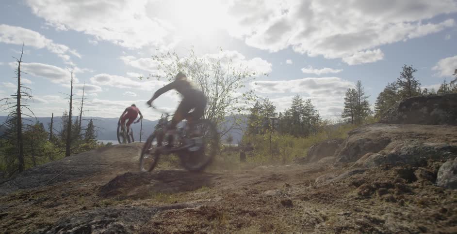 Bicyclists ride in a mountain forest