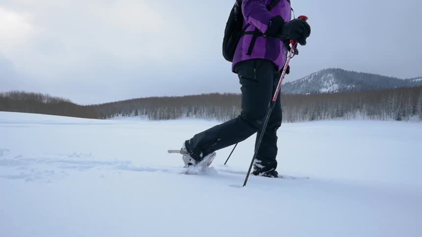 Person snowshoeing through thick snow in wilderness on cloudy day