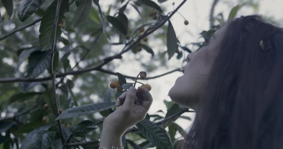 Woman is outside touching the branches on fruit tree