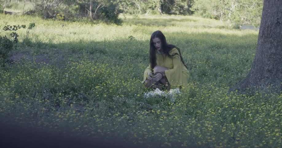 A woman is picking flowers on the field