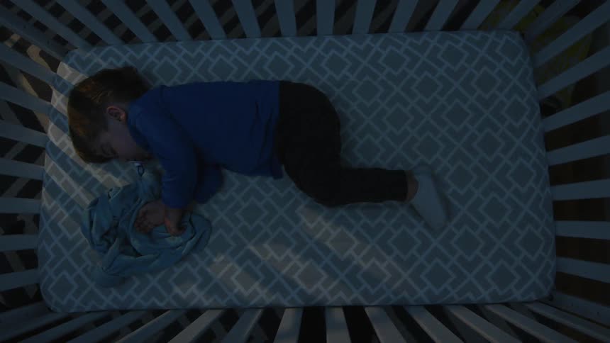 A small child is sleeping in their crib