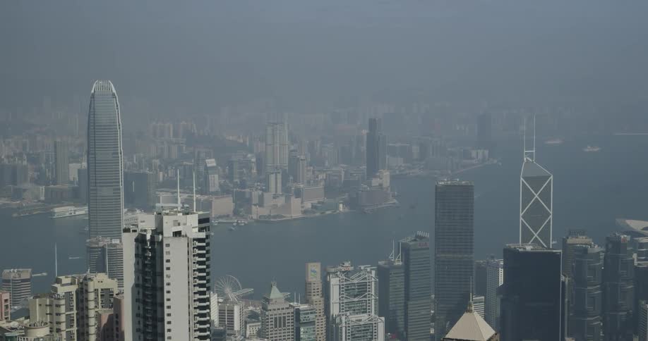 City skyscrapers line a river