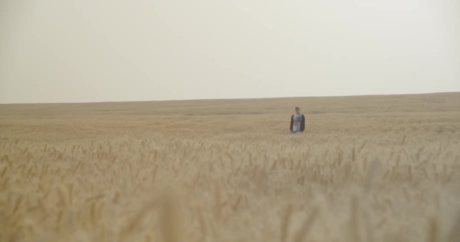 A man stands in the tall crop fields ahead