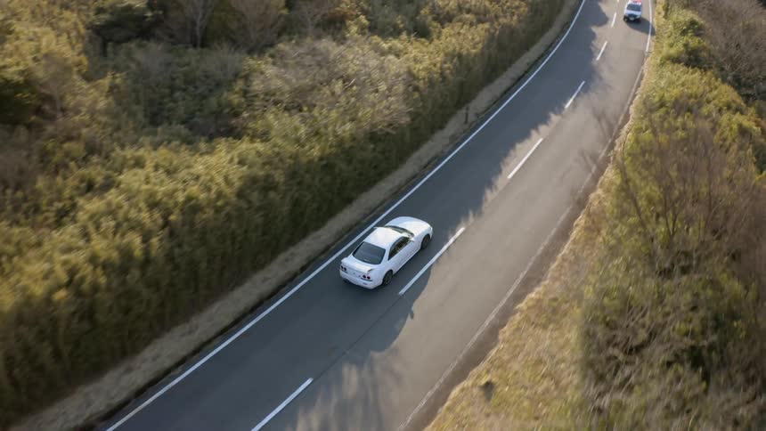 A car is driving down a scenic road with plentiful trees on both sides