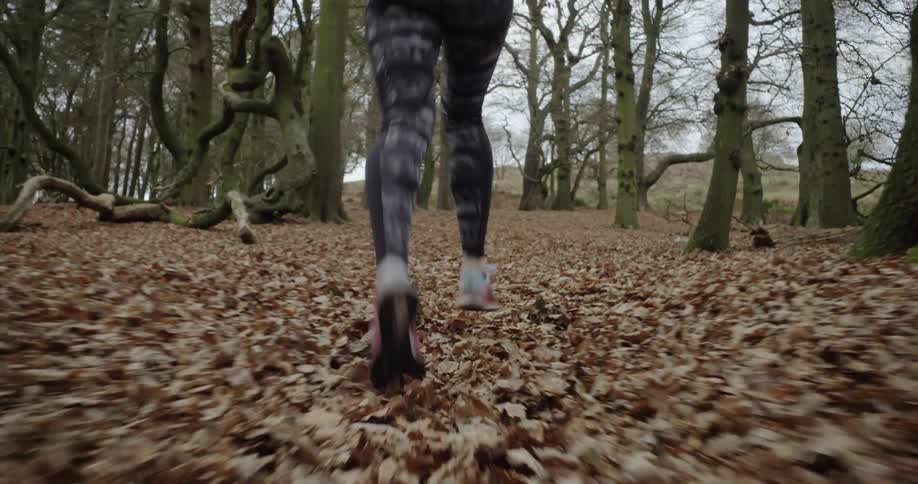 Person runs through the woods over leaves