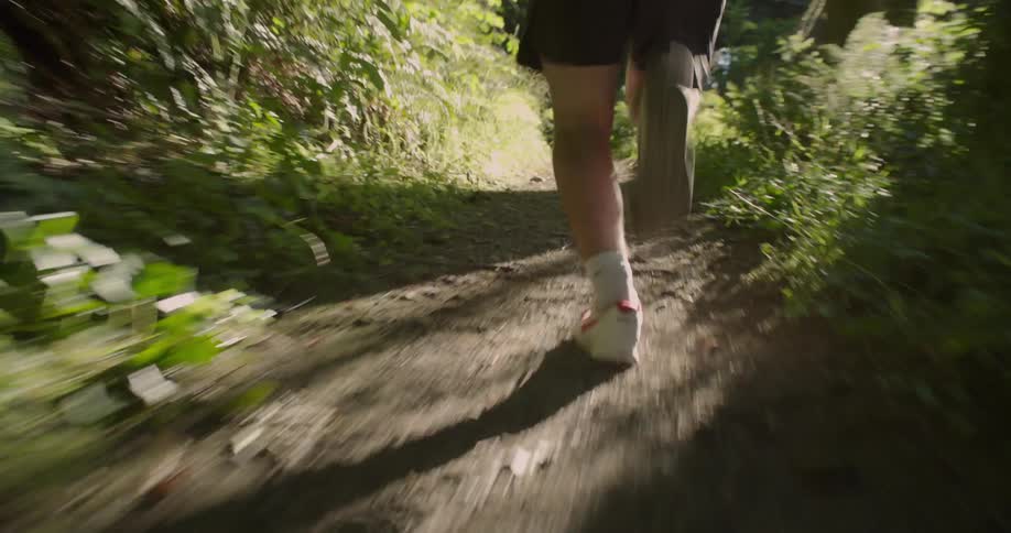 Person runs on a dirt path through tall grasses