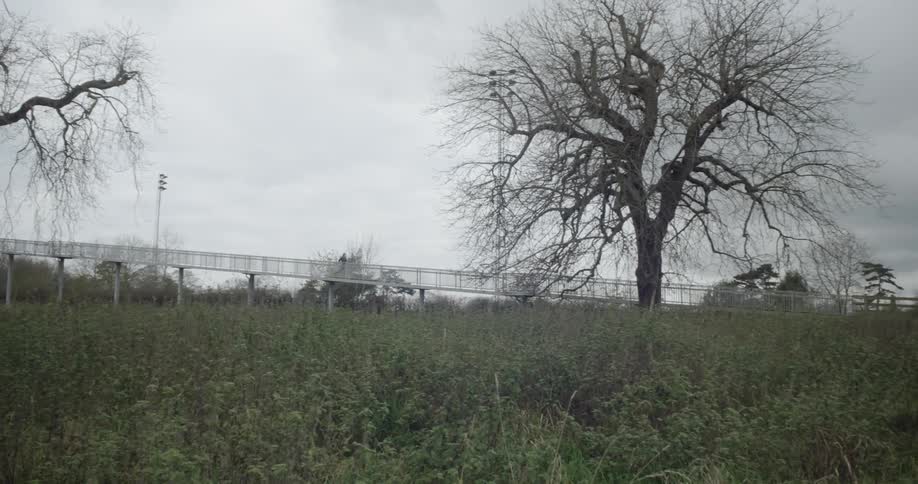 Person running over a bridge on a cloudy day