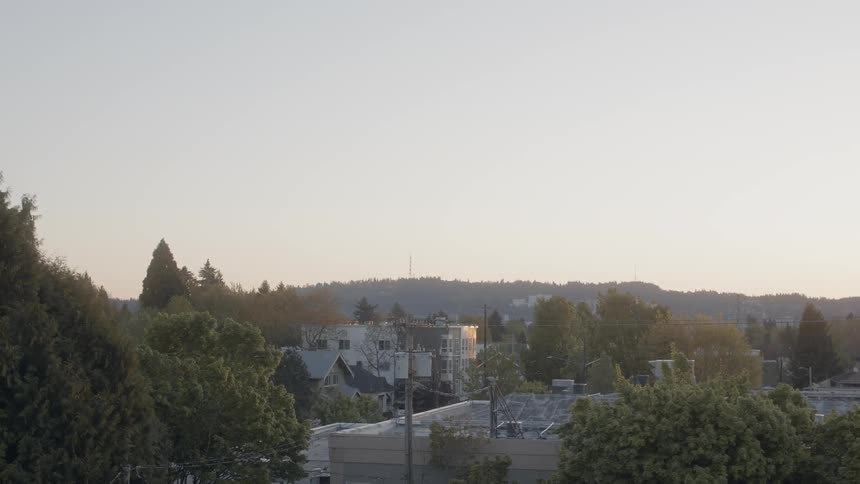 The wind is blowing tree tops in a community at dawn