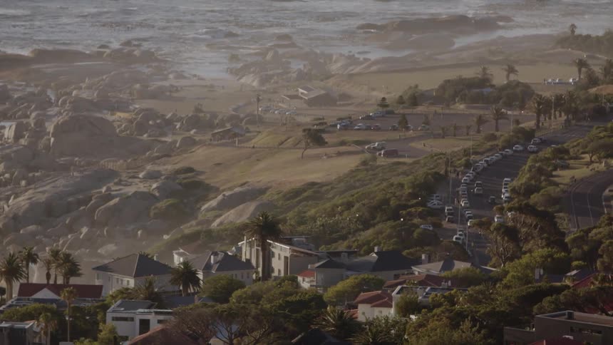 Buildings and trees sit near the ocean