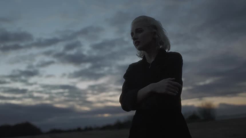 Woman stands in a rural field at dusk