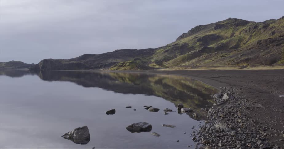 Lake water flows gently near the mountain