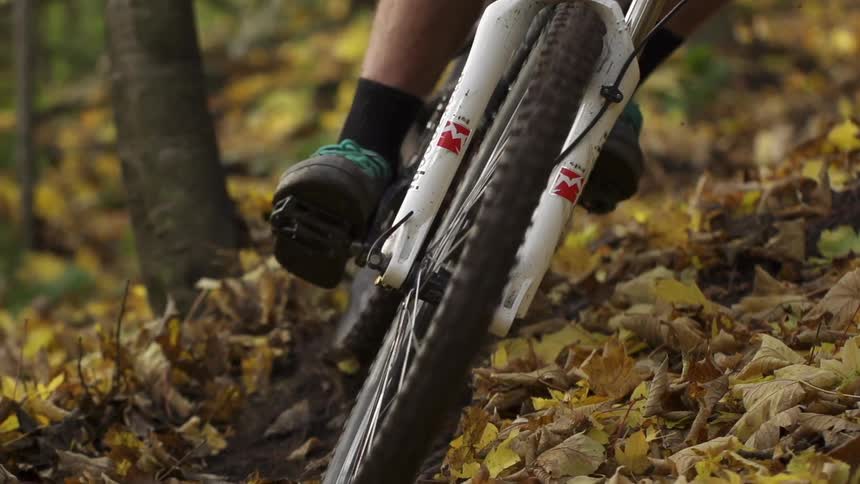 Bicycle going through dirt and leaves
